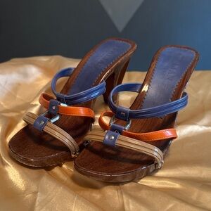 Italian Shoemakers Blue, Orange, and Tan Mules